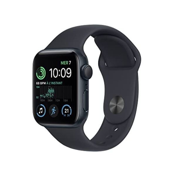 Apple Watch SE (2ᵉ génération) (GPS, 40mm) Montre connectée – Boîtier en aluminium minuit , Bracelet Sport minuit – Regular. Suivi de la forme physique et du sommeil, détection des accidents