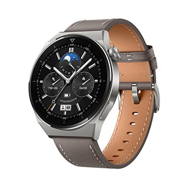 Huawei Watch GT 3 Pro Smartwatch, Corps en Titane, Cadran de Saphir, contrôle de la Saturation en oxygène et de la fréquence Cardiaque, Batterie Longue durée, Bracelet en Cuir, Gris, 46 mm