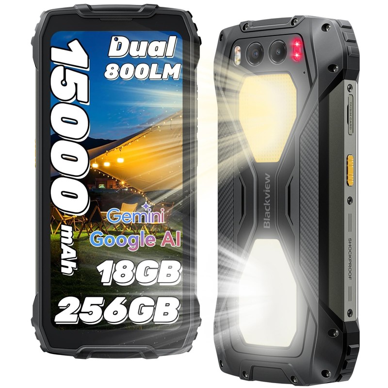 Blackview BV7300 Téléphone Portable Incassable, 15000mAh/45W Smartphone Incassable Android 14, 18Go+256Go/TF 2To, 50MP+20MP Vision Nocturne, 700Nits Telephone, NFC/Fingerprint/Double Lampe de Camping